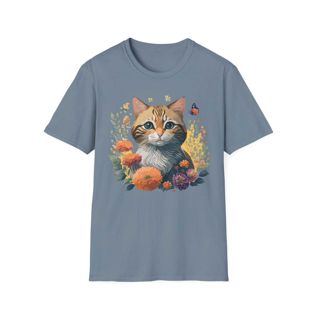 Cute Tabby Kitten Floral Illustration T-Shirt | Cat, Butterfly, Wildflowers Graphic Tee Unisex 100 Cotton Gildan T-Shirt