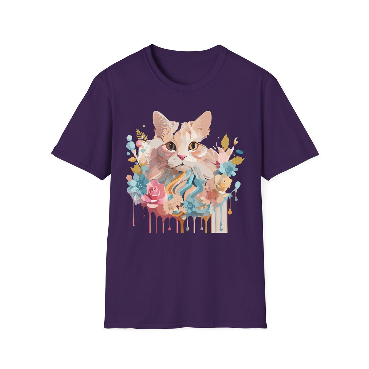 Pastel Floral Cat Portrait T-Shirt | Watercolor Kitten Tee