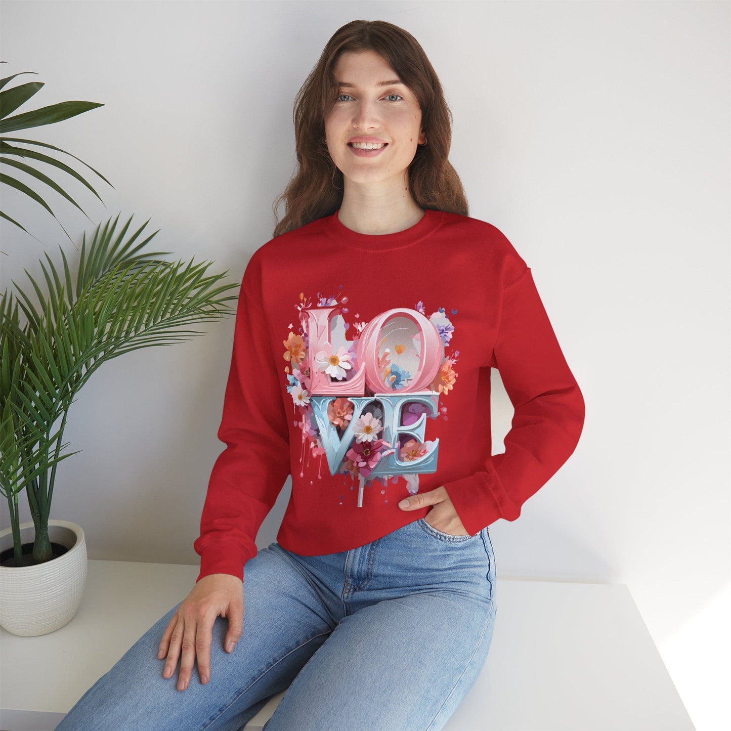 Floral Love Sweatshirt Unisex Love Flower Valentines Day Crewneck Gildan 18000 50 50 Cotton Polyester