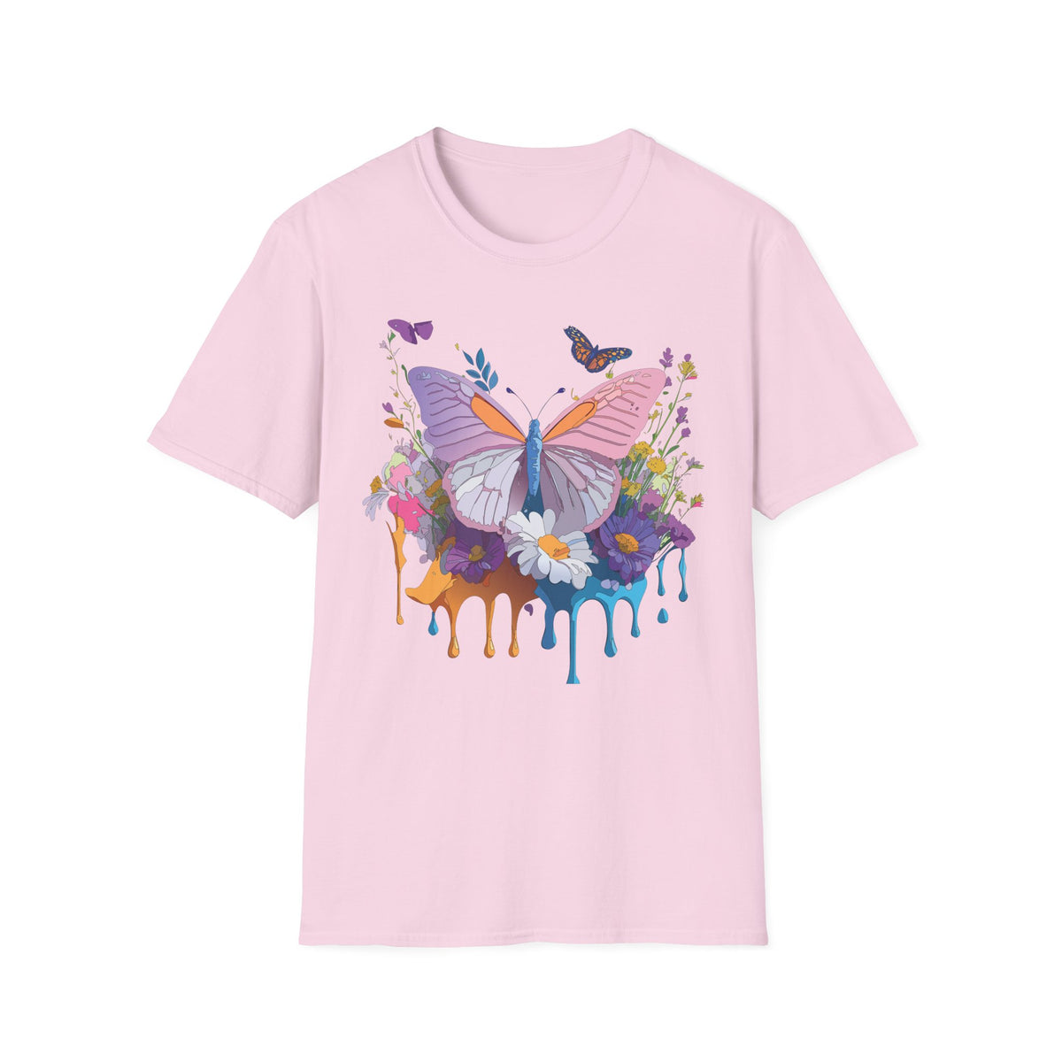 Butterfly Watercolor Drip T-Shirt — Pastel Floral Butterfly Graphic Design Unisex 100 Cotton Gildan T-Shirt