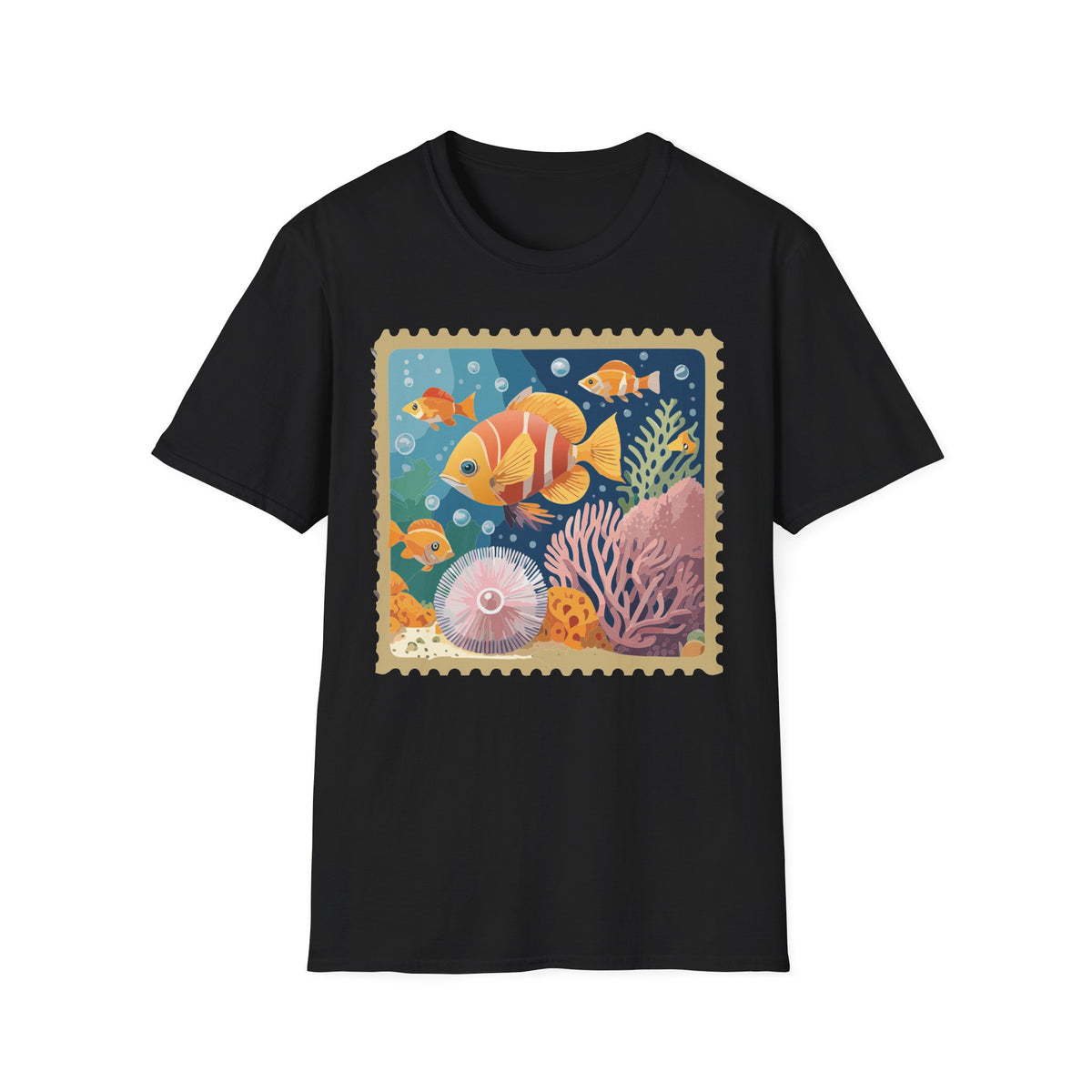 Tropical Clownfish Stamp Tee | Fish Reef Illustration Graphic Tee Unisex 100 Cotton Gildan T-Shirt