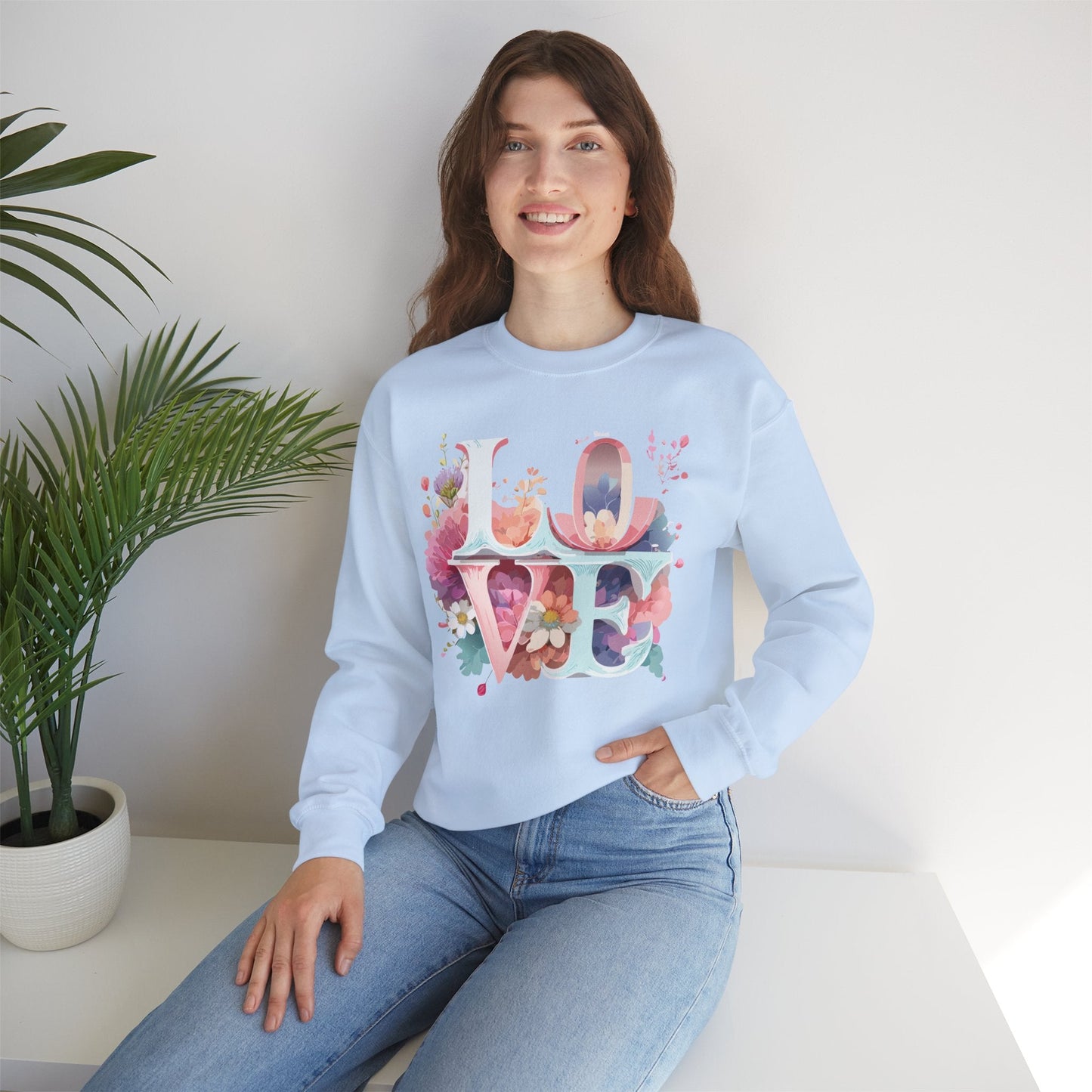 Floral Love Sweatshirt Valentines Day Flower Print Unisex Crewneck Heavy Blend Cotton Polyester