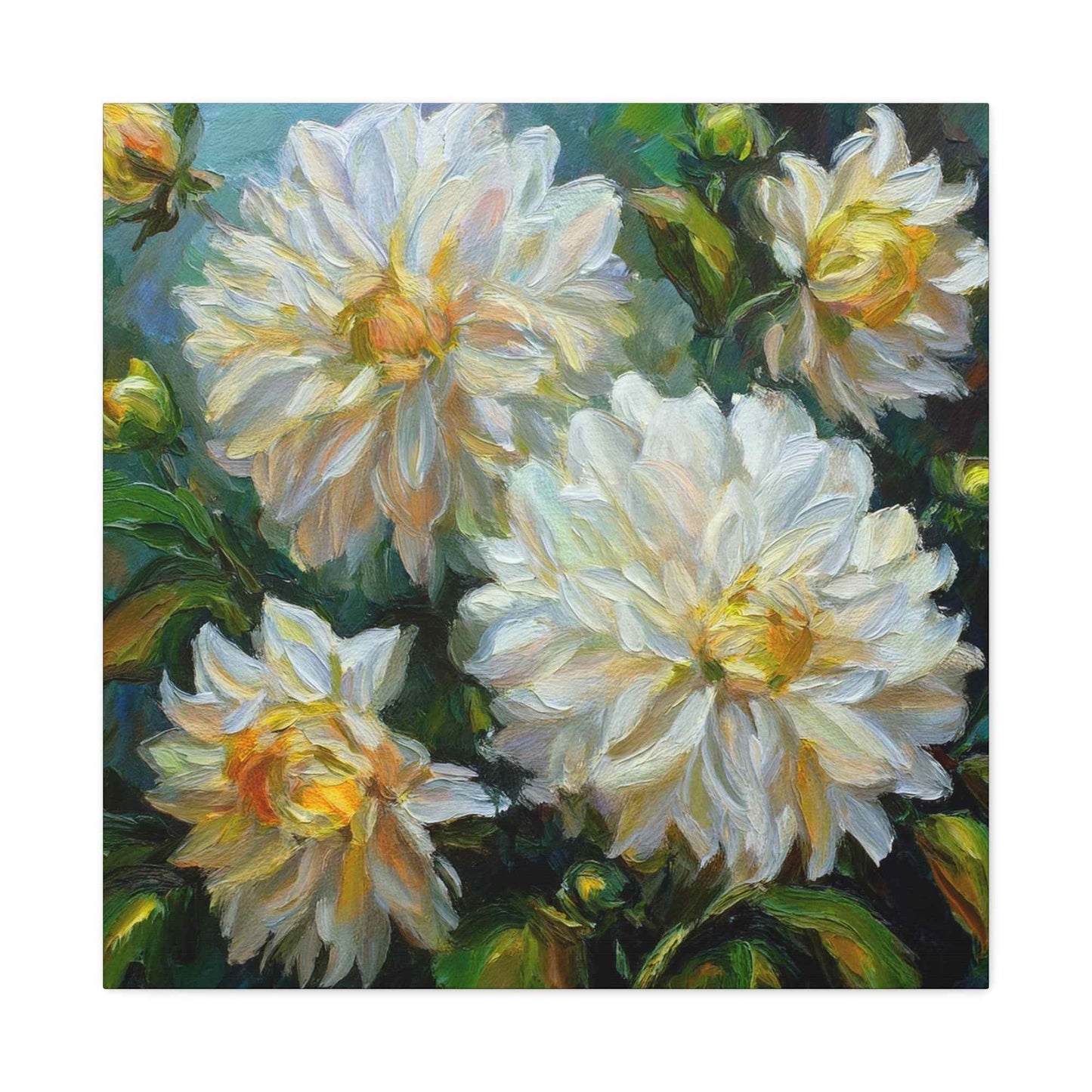 White Dahlias Print Canvas, Floral Oil Paint Print 20x20, 24x24, 30x30, 32x32, 36x36 Art Design Pine-Wood Inner Frame MC-169