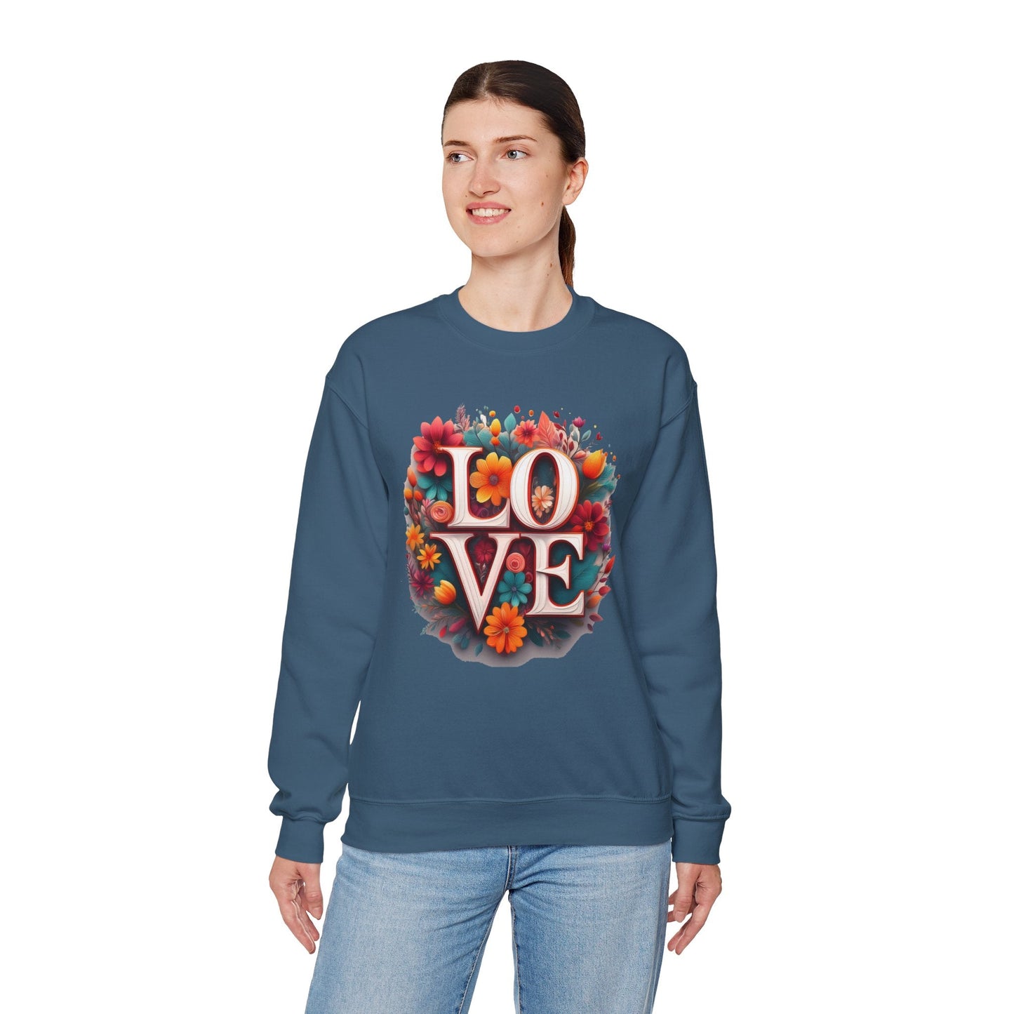 Floral Love Valentines Day Sweatshirt Unisex Heavy Blend Crewneck 50/50 Cotton Polyester Gildan 18000
