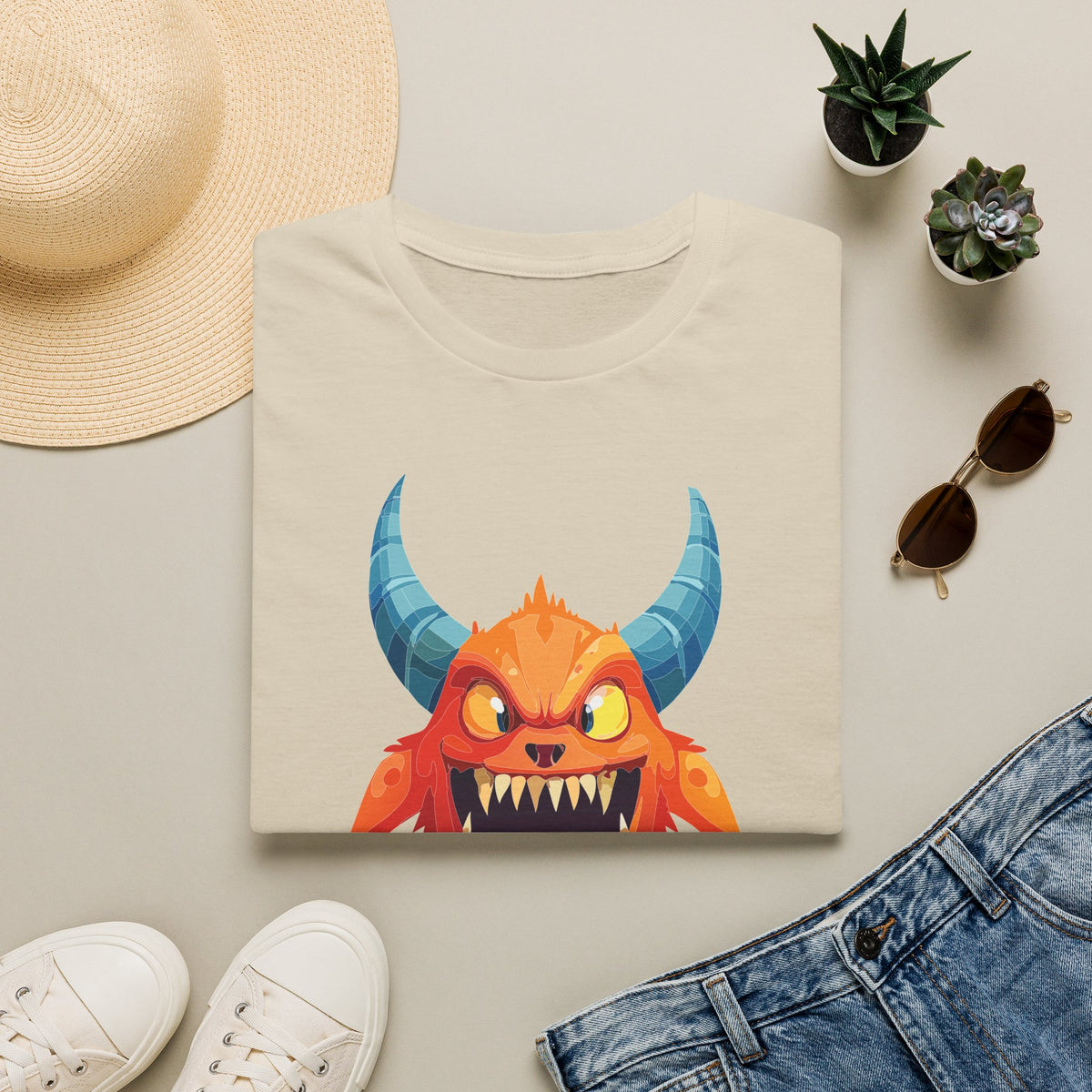Orange Horned Monster T-Shirt — Cute Scary Cartoon Tee for Kids & Halloween Cartoon Graphic Tee Unisex 100 Cotton Gildan T-Shirt