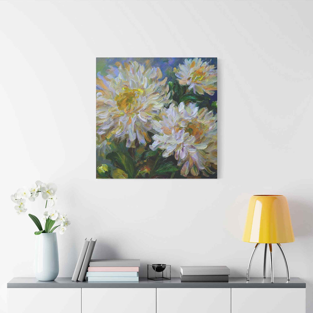 Chrysanthemums Print Canvas, Floral Oil Paint Print 20x20, 24x24, 30x30, 32x32, 36x36 Art Design Pine-Wood Inner Frame MC-160