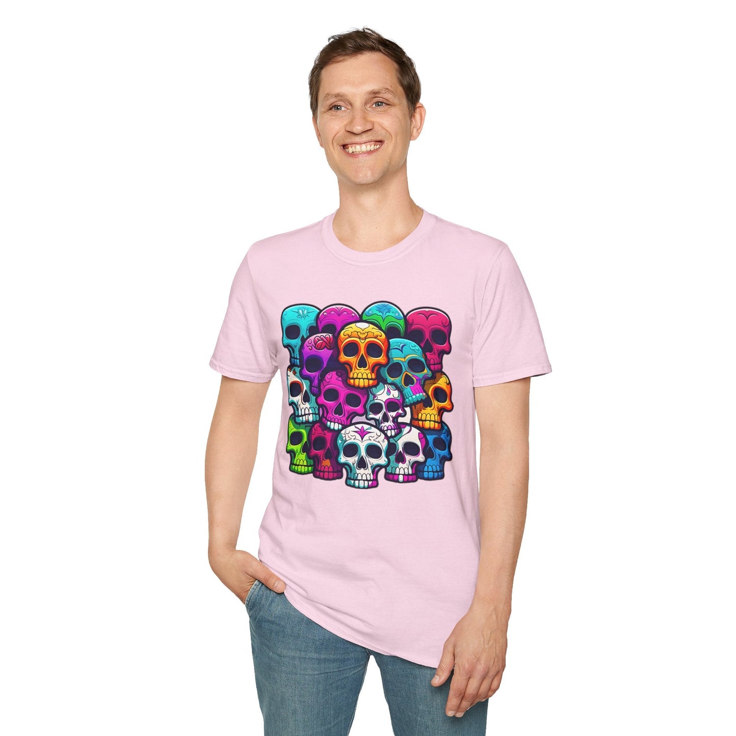 Unisex Skull Tee Shirt With Skeleton Design Gildan Softstyle 64000 100 Percent Ring Spun Cotton