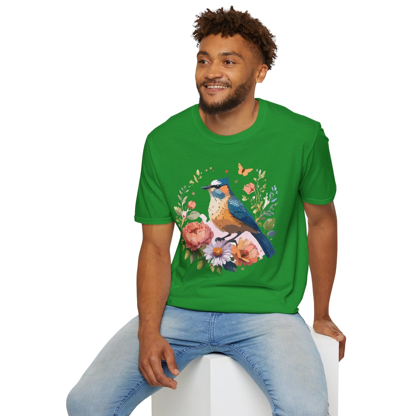 Floral Bird T Shirt Unisex Softstyle Gildan 64000 Tee 100 Percent Ring Spun Cotton