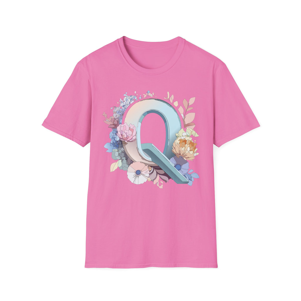 Floral Letter Q T-Shirt | Monogram Initial Tee, Pastel Botanical Alphabet