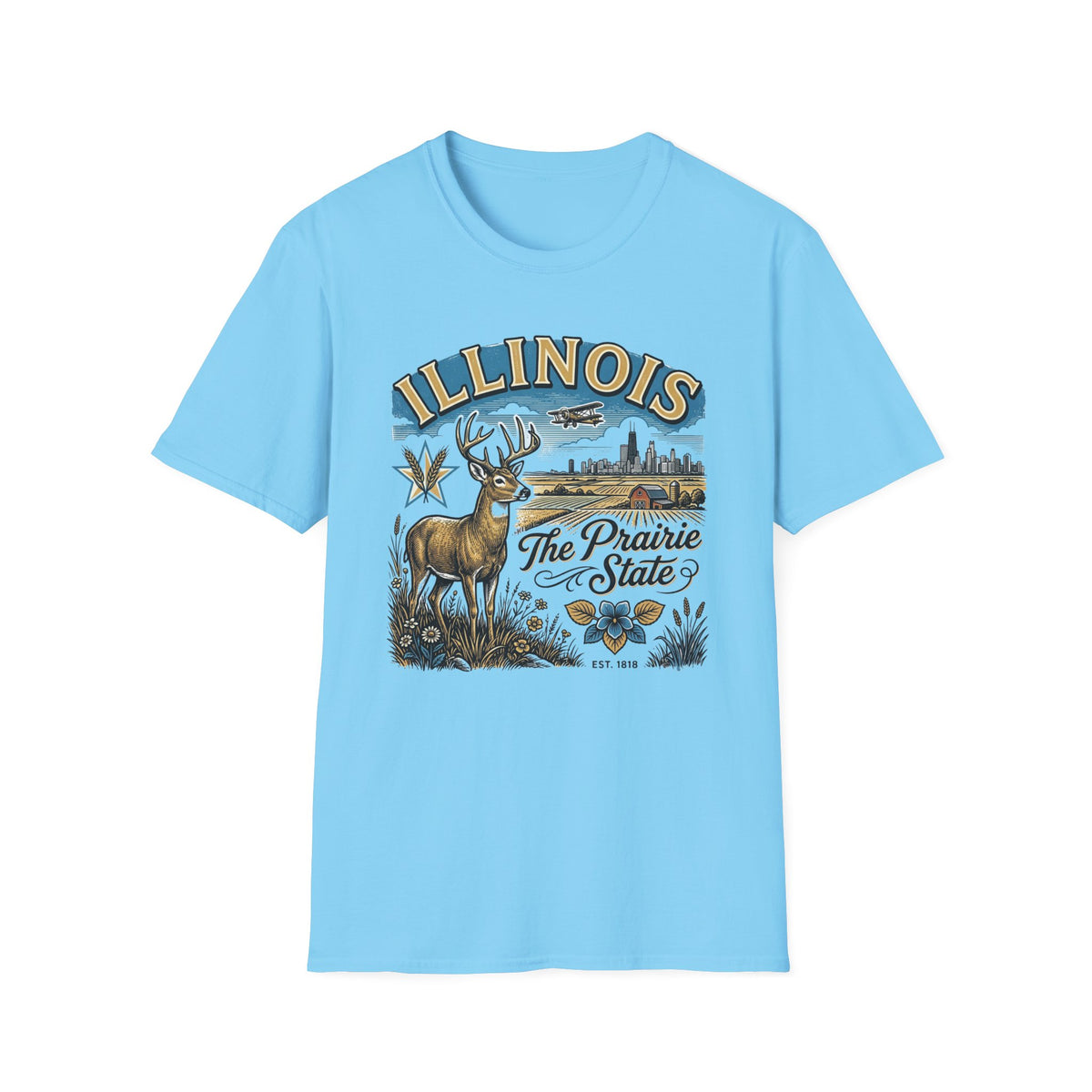Illinois The Prairie State T-Shirt — Deer & Skyline Vintage Travel Tourist Graphic Tee Unisex 100 Cotton Gildan T-Shirt
