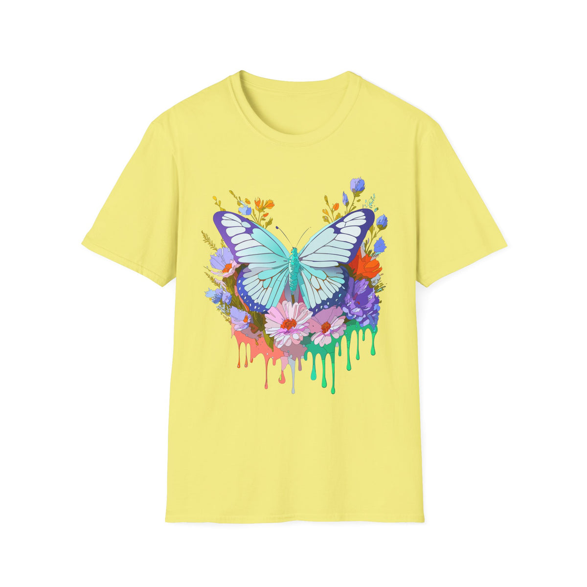Butterfly Floral Drip T-Shirt — Teal Butterfly with Watercolor Flowers Graphic Tee Unisex 100 Cotton Gildan T-Shirt