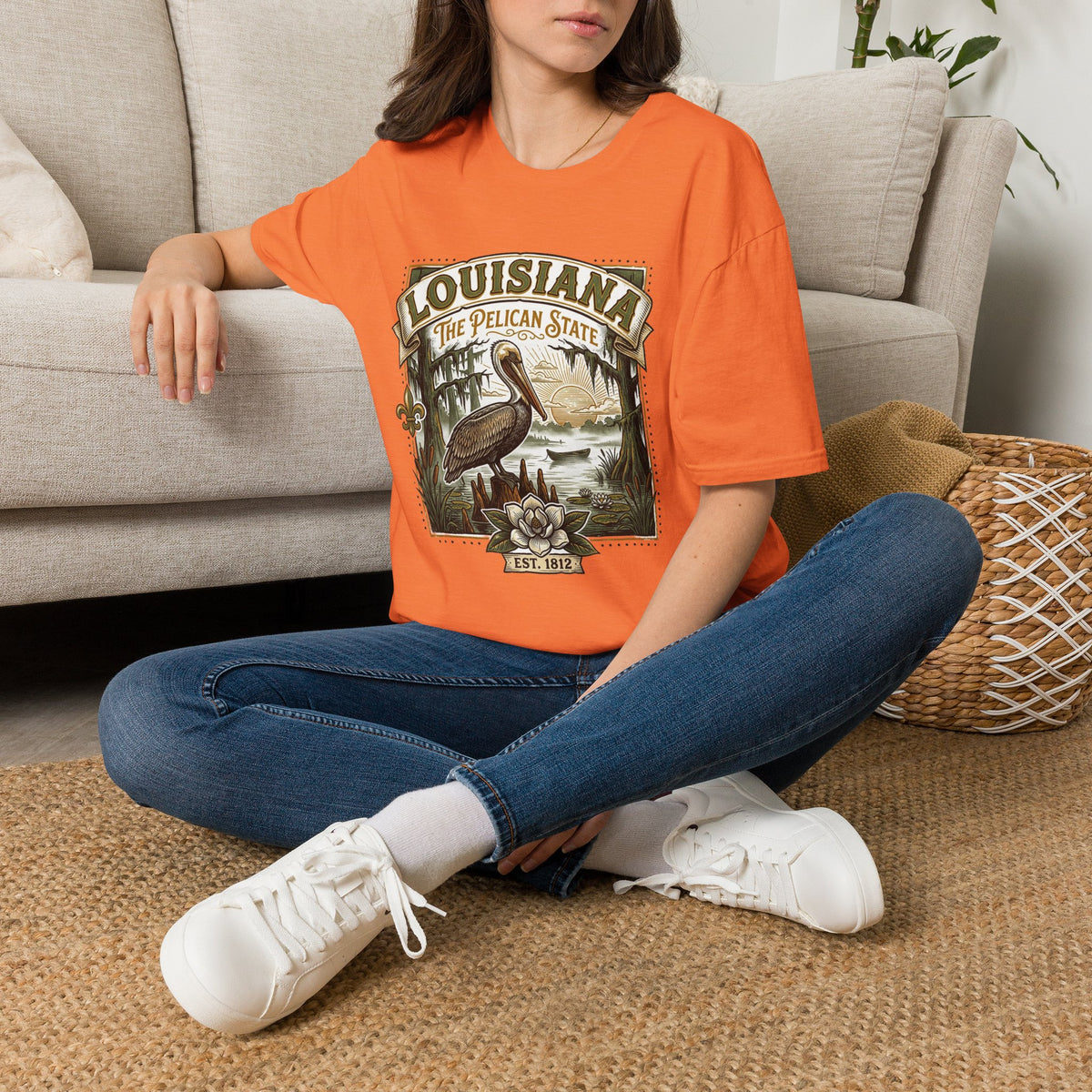 Louisiana Pelican State T-Shirt – Vintage Travel Tourist Graphic Design Unisex 100 Cotton Gildan T-Shirt