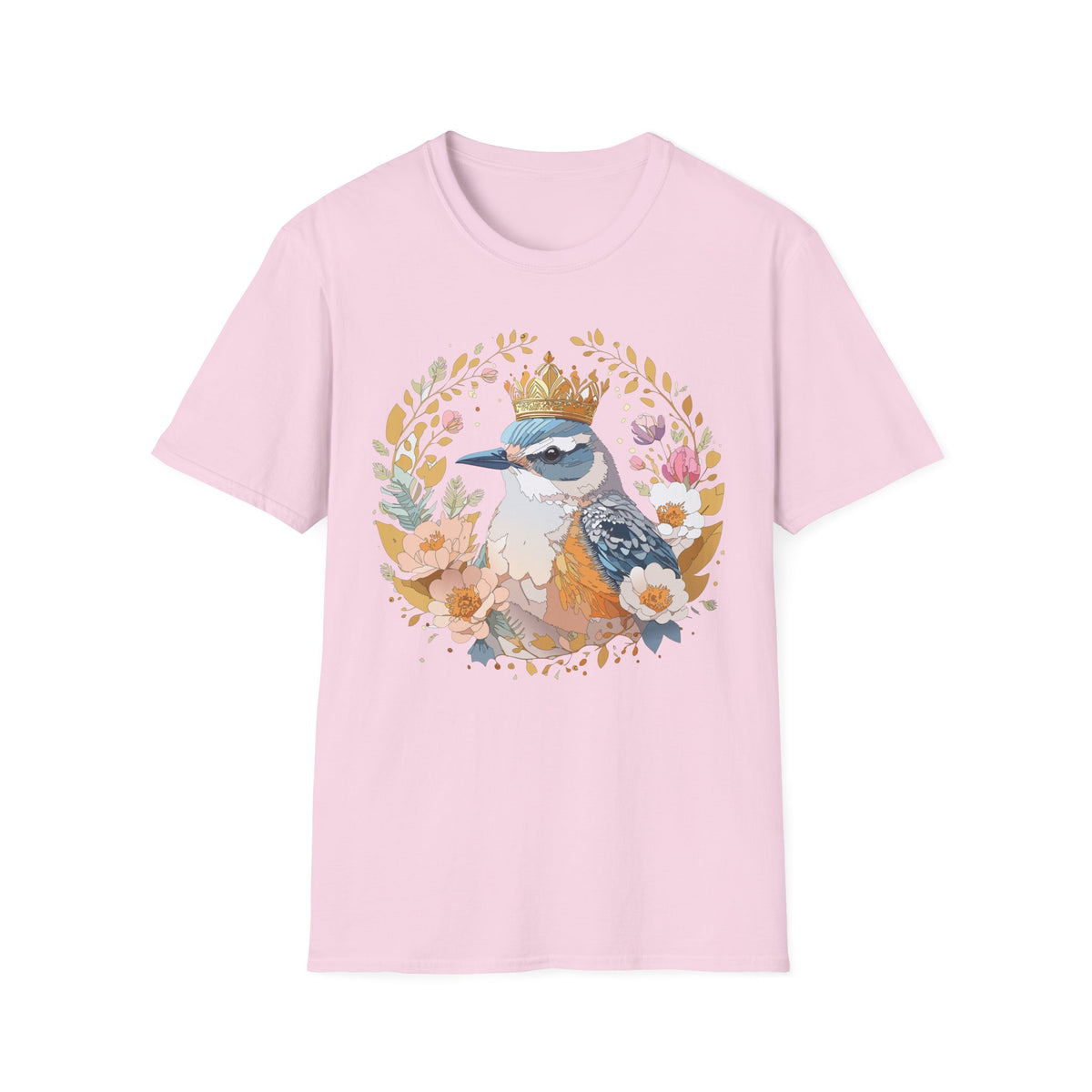 Crowned Bluebird Floral Illustration T-Shirt | Whimsical Bird Art