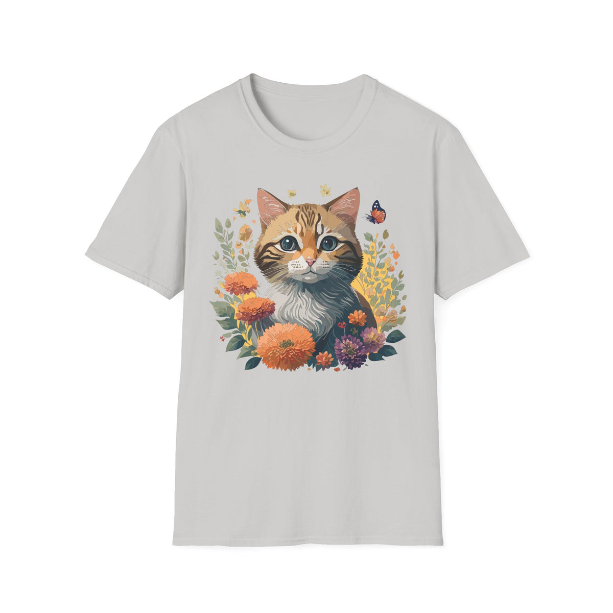 Cute Tabby Kitten Floral Illustration T-Shirt | Cat, Butterfly, Wildflowers Graphic Tee Unisex 100 Cotton Gildan T-Shirt