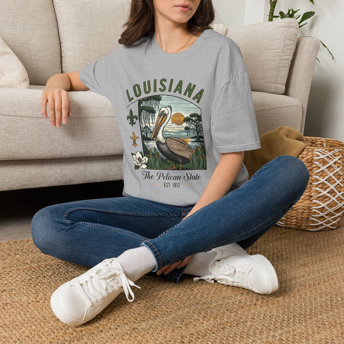 Louisiana Pelican State Graphic T-Shirt — Vintage Bayou Sunset Travel Tourist Graphic Design Unisex 100 Cotton Gildan T-Shirt