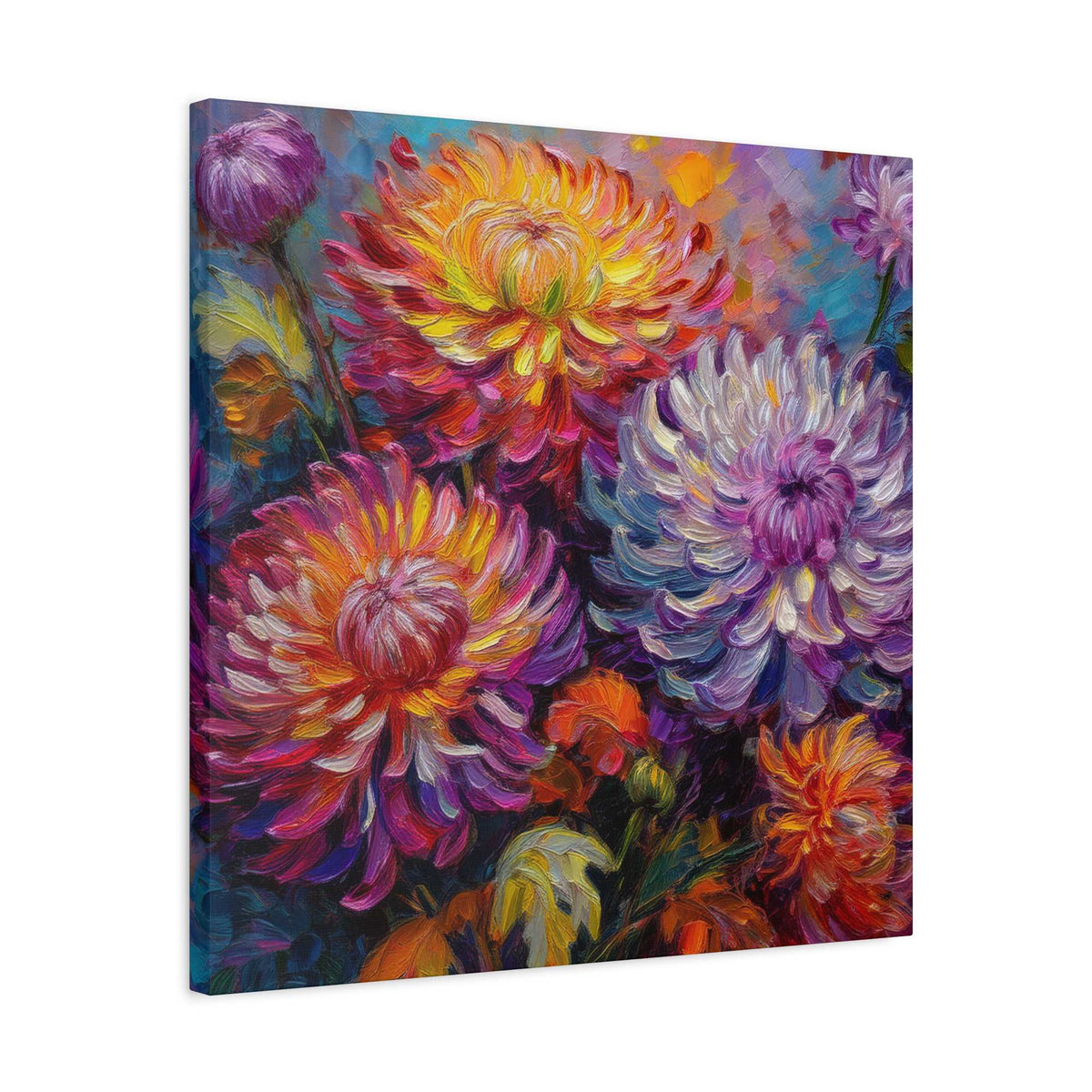 Chrysanthemums Print Canvas, Floral Oil Paint Print 20x20, 24x24, 30x30, 32x32, 36x36 Art Design Pine-Wood Inner Frame MC-158
