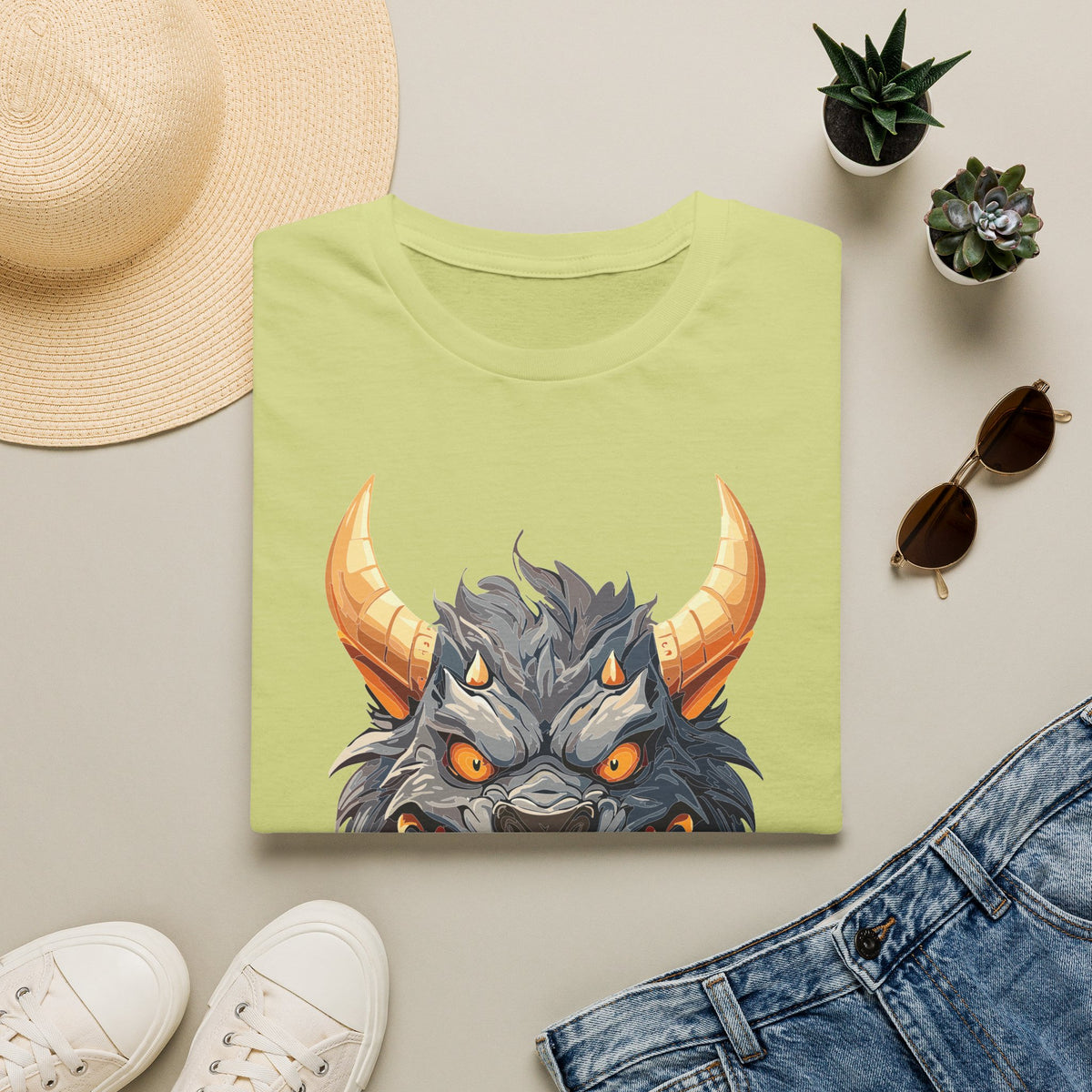 Demonic Beast Head T-Shirt — Horned Monster Cartoon Graphic Tee Unisex 100 Cotton Gildan T-Shirt