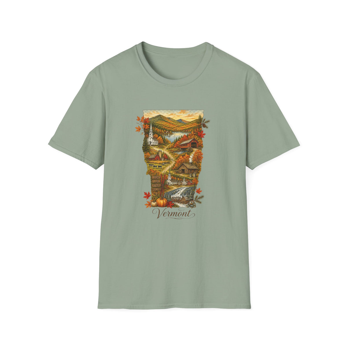 Vermont Fall Scenic T‑Shirt — Autumn Maple Leaves Landscape Travel Tourist Graphic Design Unisex 100 Cotton Gildan T-Shirt