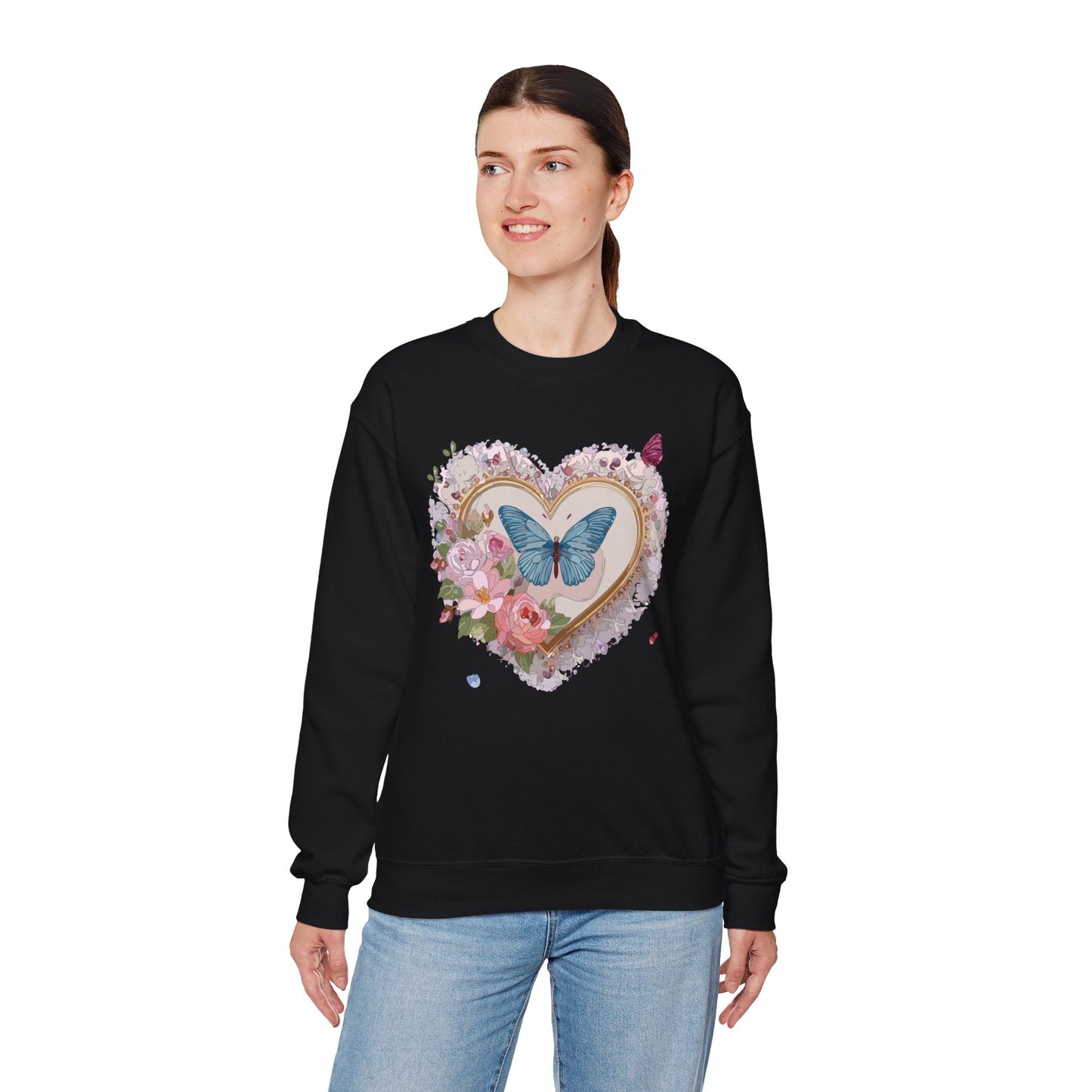 Floral Heart Unisex Crewneck Sweatshirt Valentines Floral Love Gildan 18000 Heavy Blend