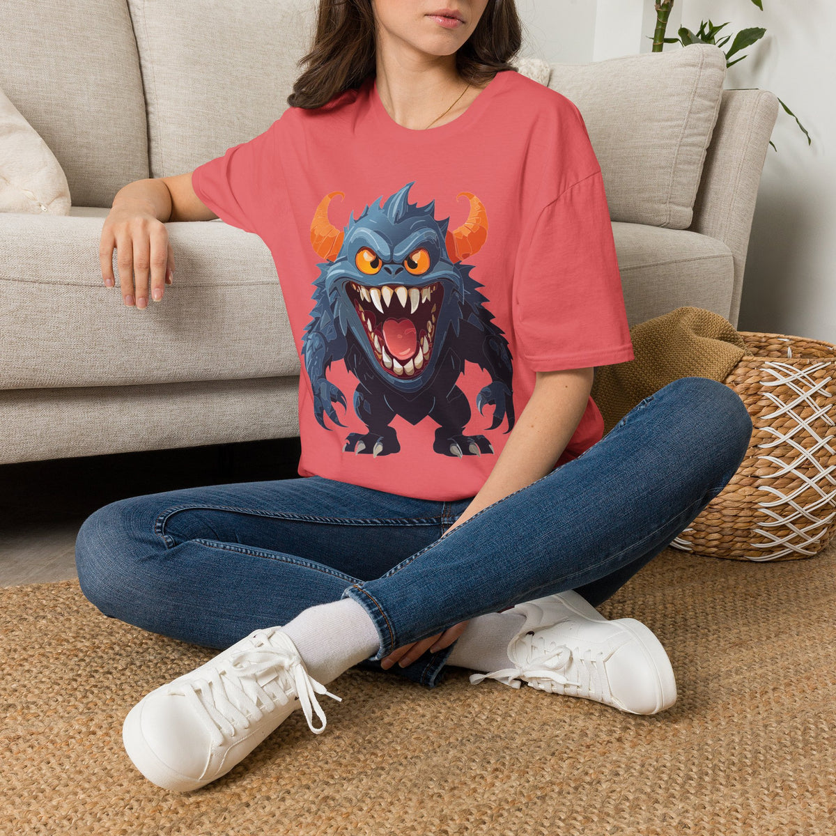 Monster Graphic T-Shirt — Fierce Blue Horned Creature Cartoon Graphic Tee Unisex 100 Cotton Gildan T-Shirt