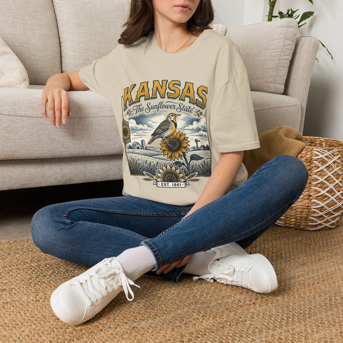 Kansas The Sunflower State T-Shirt | Vintage Meadow Bird Sunflower Design