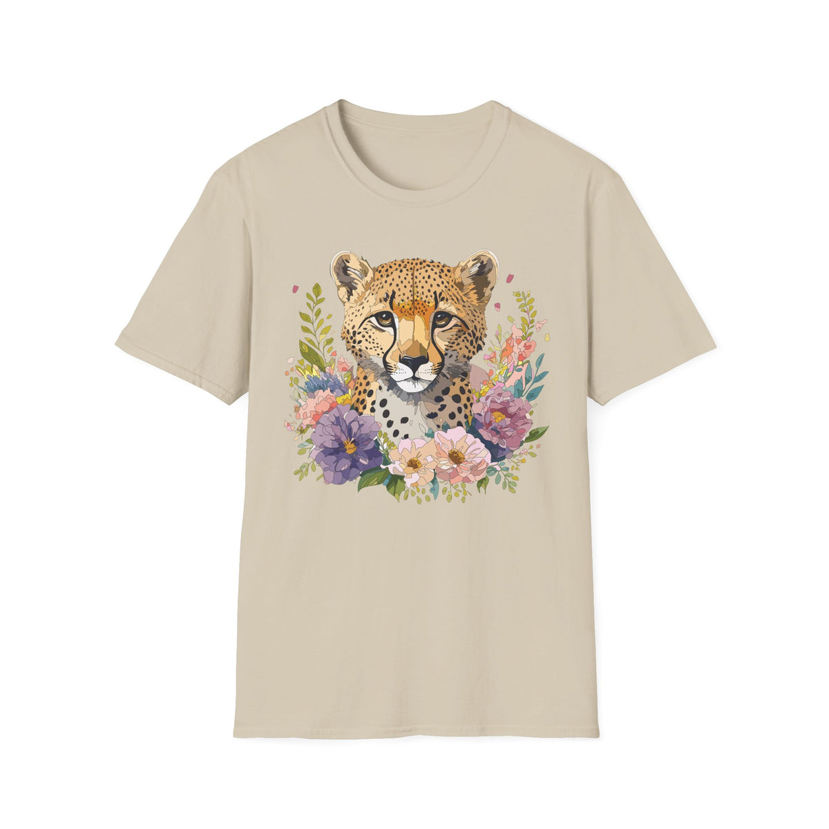 Floral Cheetah Face T-Shirt | Leopard Portrait Tee, Botanical Illustration