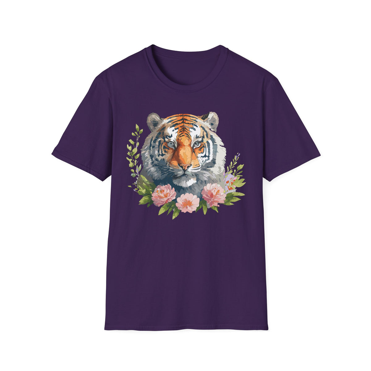 Watercolor Tiger Head T-Shirt | Floral Accents, Botanical Illustration