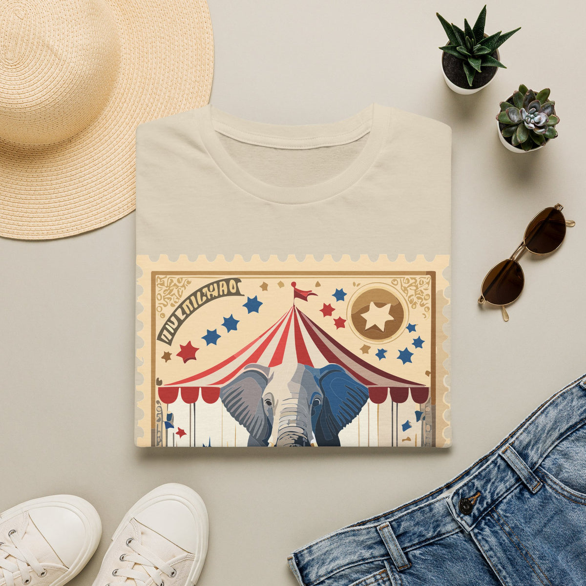 Circus Elephant Poster T-Shirt | Vintage Carnival Tent Stamp Graphic Tee Unisex 100 Cotton Gildan T-Shirt