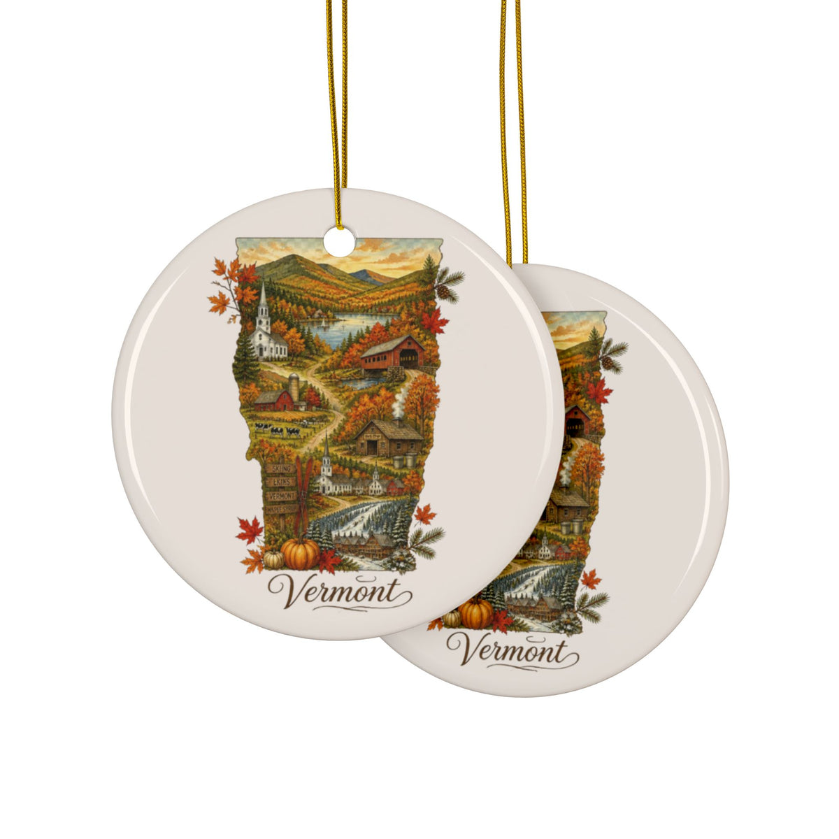 Vermont Autumn Landscape Ceramic Ornament | Round 2-Side Print - 2.99" Includes Gold String