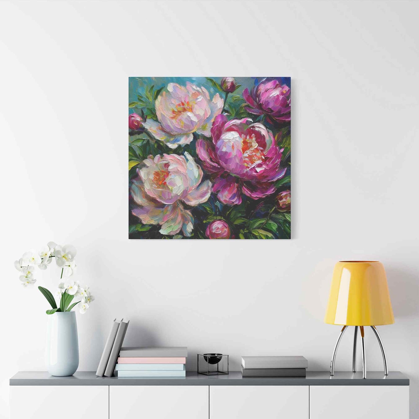 Pink Peonies Print Canvas, Floral Oil Paint Print 20x20, 24x24, 30x30, 32x32, 36x36 Art Design Pine-Wood Inner Frame MC-115