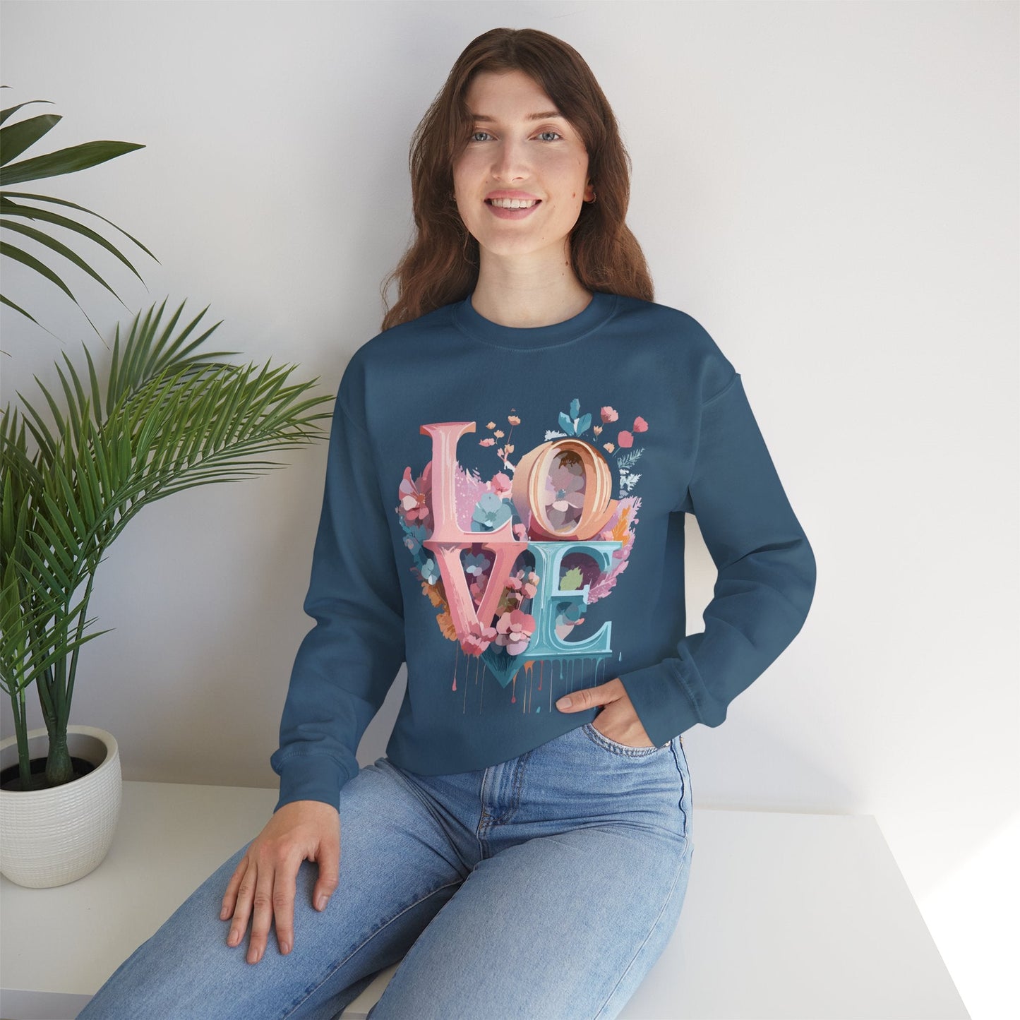 Floral Love Sweatshirt For Valentines Day Unisex Crewneck Fifty Fifty Cotton Polyester