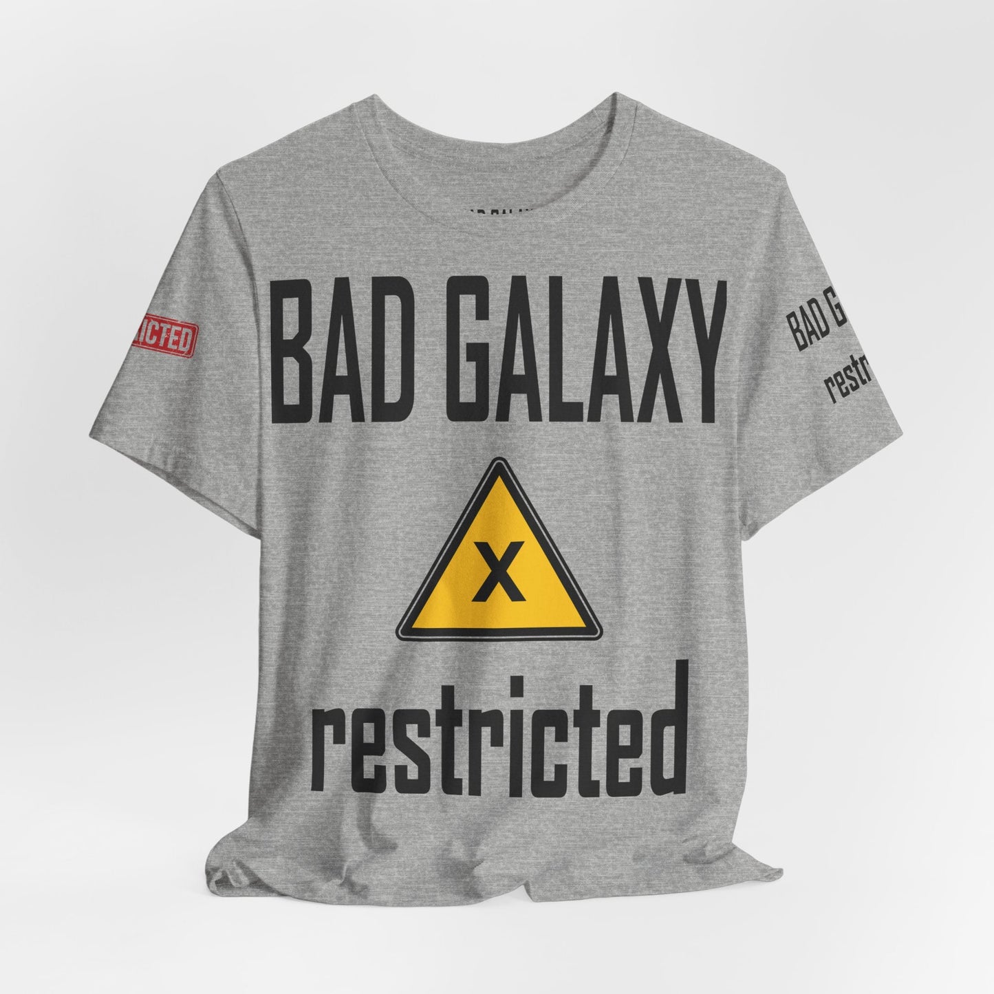 Tee Shirt With Red Stamp From Bad Galaxy Eco Friendly 100 Percent Cotton Printed In USA