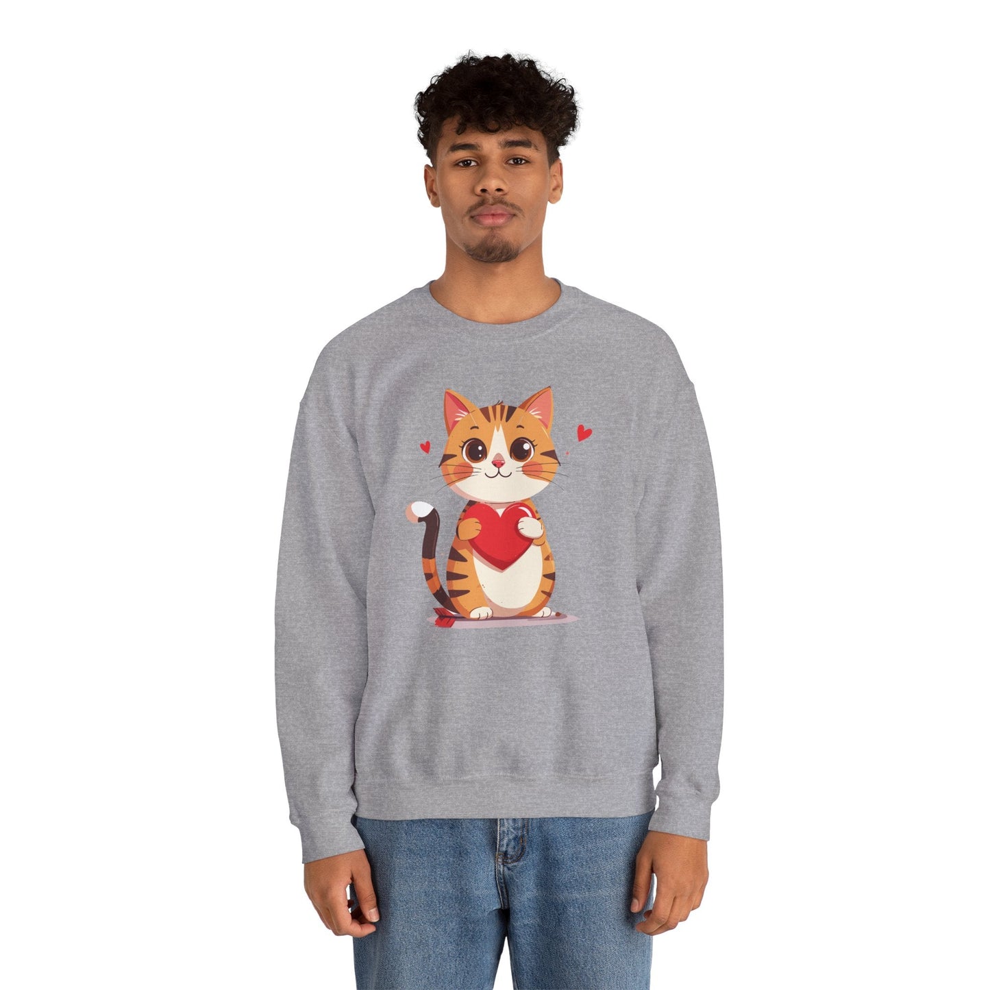 Cat Heart Sweatshirt Unisex Fifty Fifty Cotton Polyester Crewneck Valentines Day Gildan 18000