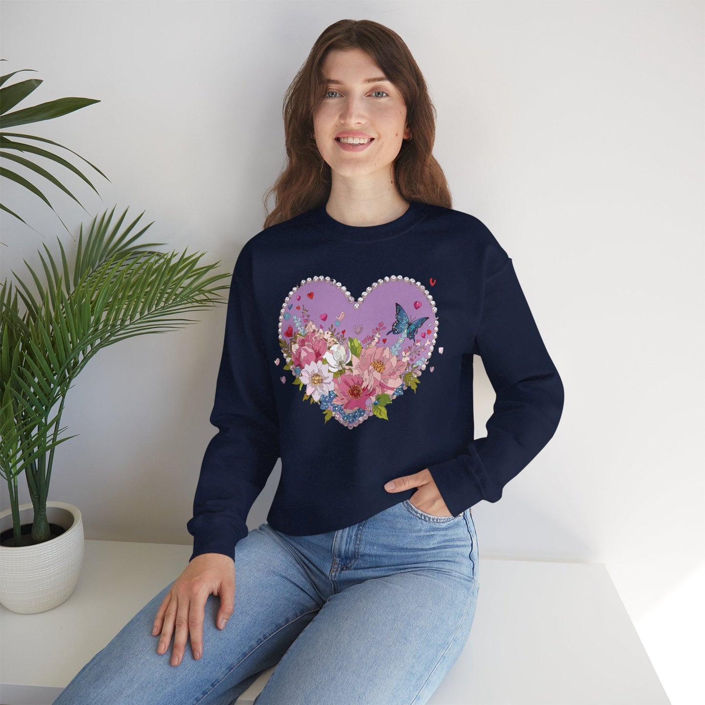 Floral Heart Sweatshirt Unisex Crewneck Valentines Day Heavy Blend Gildan 18000 Cozy Warm