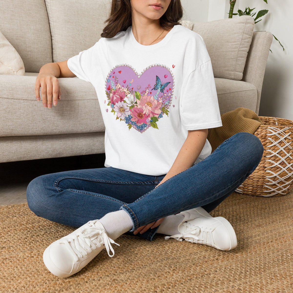 Floral Heart with Butterfly T-Shirt | Pink Flower Bouquet Tee