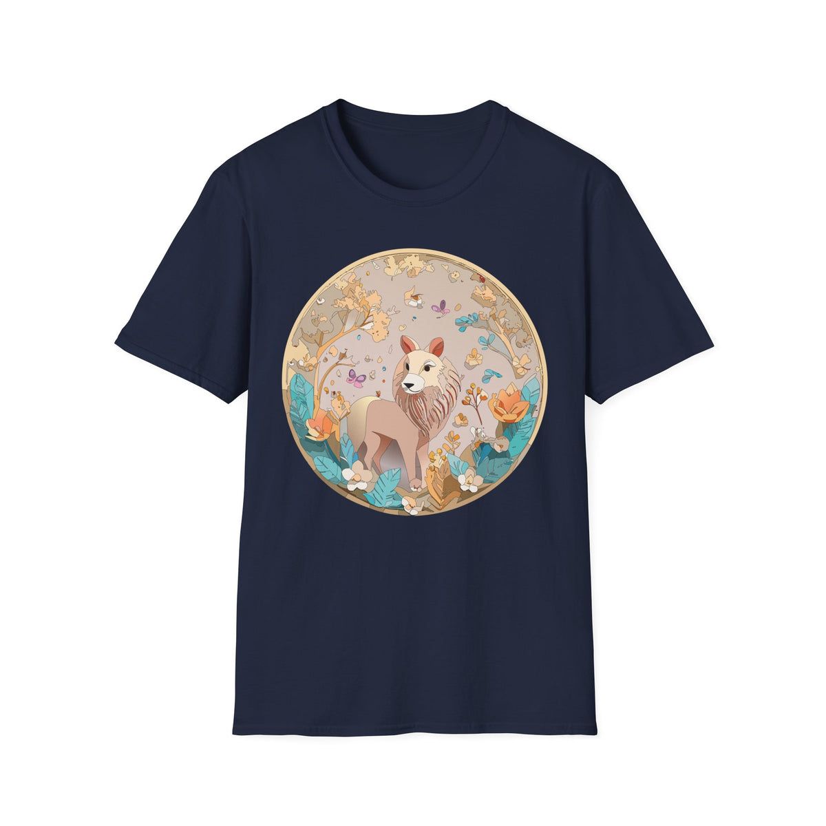 Whimsical Lion Garden Illustration T-Shirt | Floral Circle Art