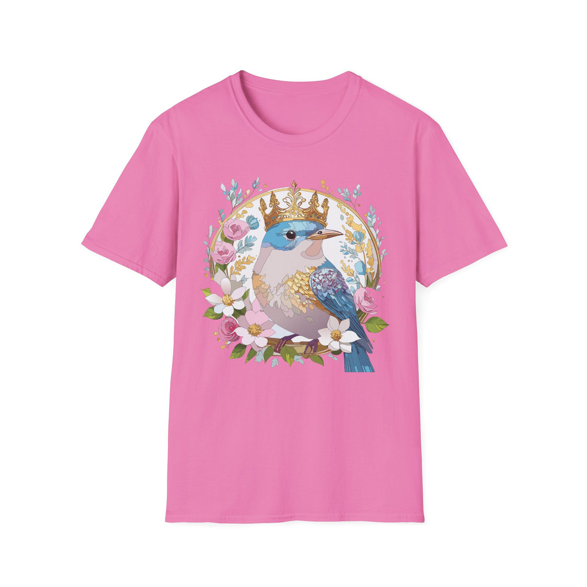 Crowned Bluebird with Floral Wreath T-Shirt | Royal Bird Illustration