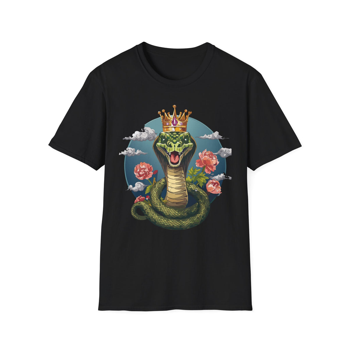 Crowned Snake Illustration T-Shirt | King Cobra Floral Art