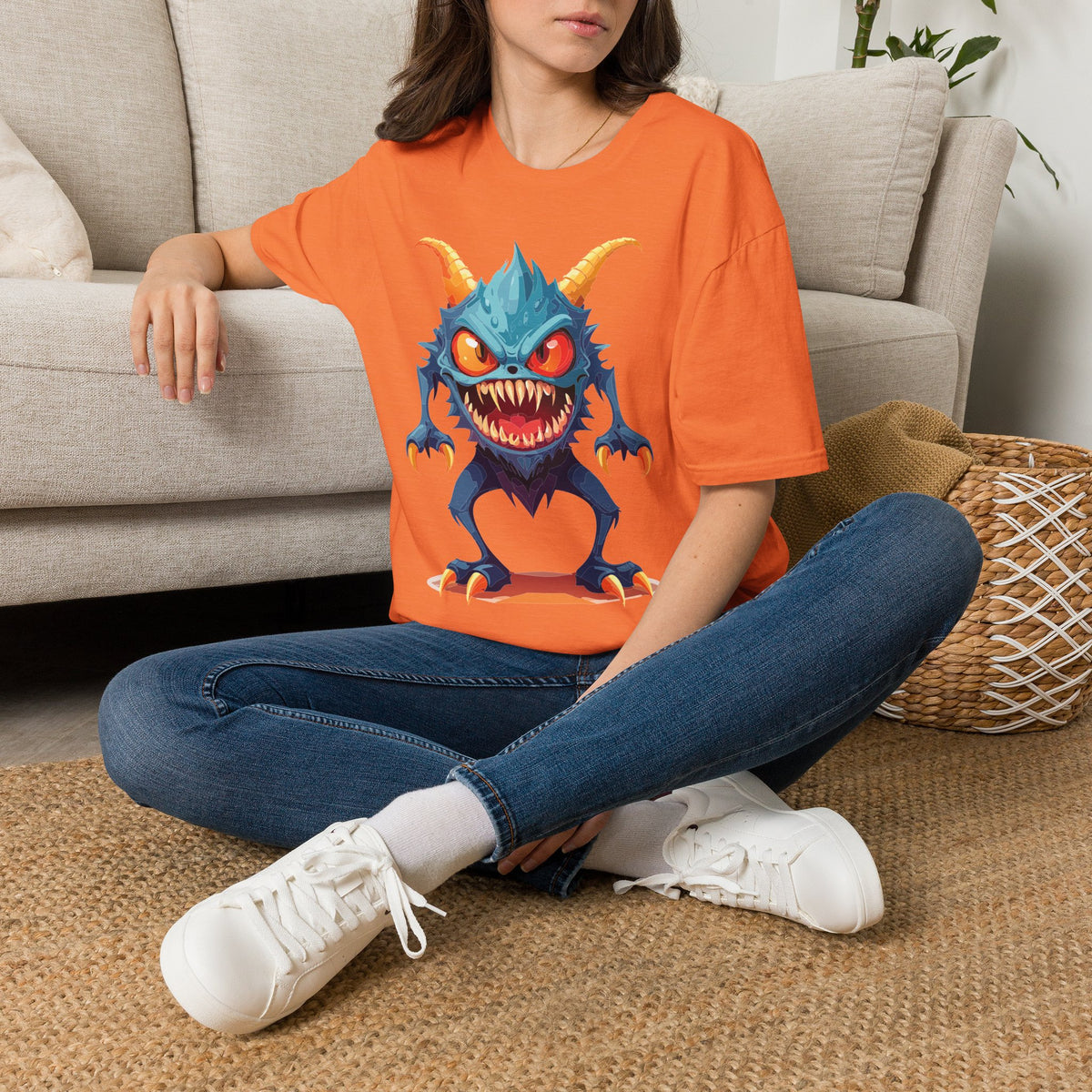 Monster Graphic T-Shirt — Cute Scary Blue Demon Tee for Halloween & Gamer Fans Cartoon Graphic Tee Unisex 100 Cotton Gildan T-Shirt
