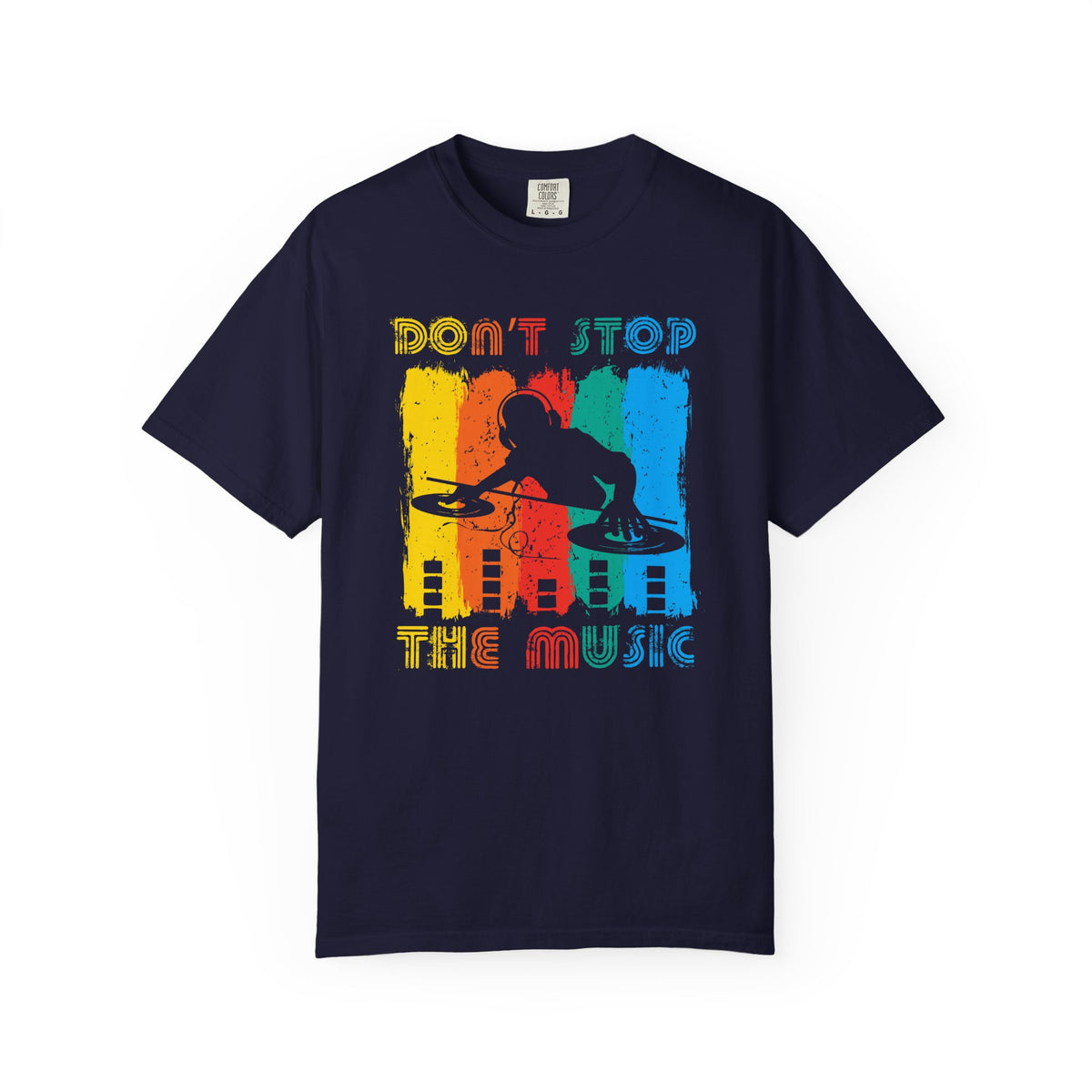 Don t Stop the Music DJ Silhouette T-Shirt Retro Rainbow Turntables Unisex Cotton Tee 014