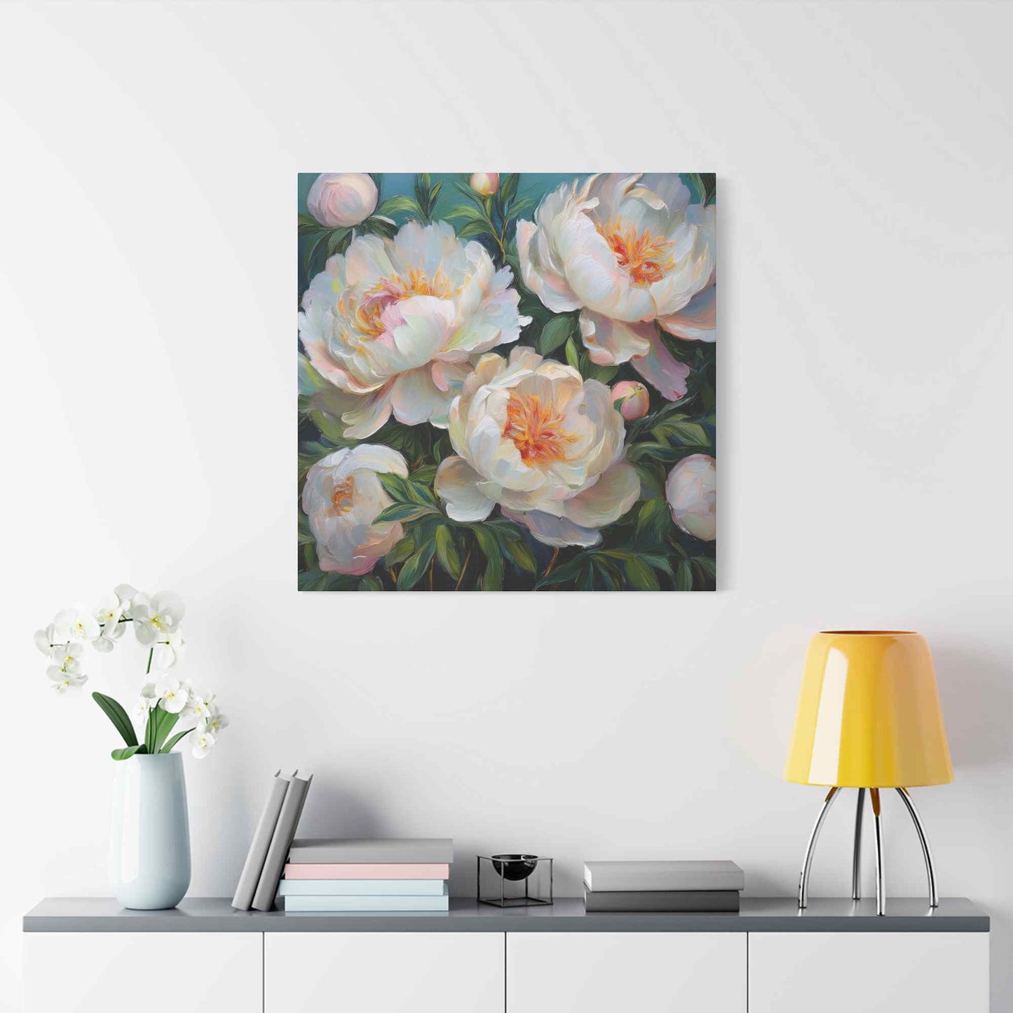 White Peonies Print Canvas, Floral Oil Paint Print 20x20, 24x24, 30x30, 32x32, 36x36 Art Design Pine-Wood Inner Frame MC-123