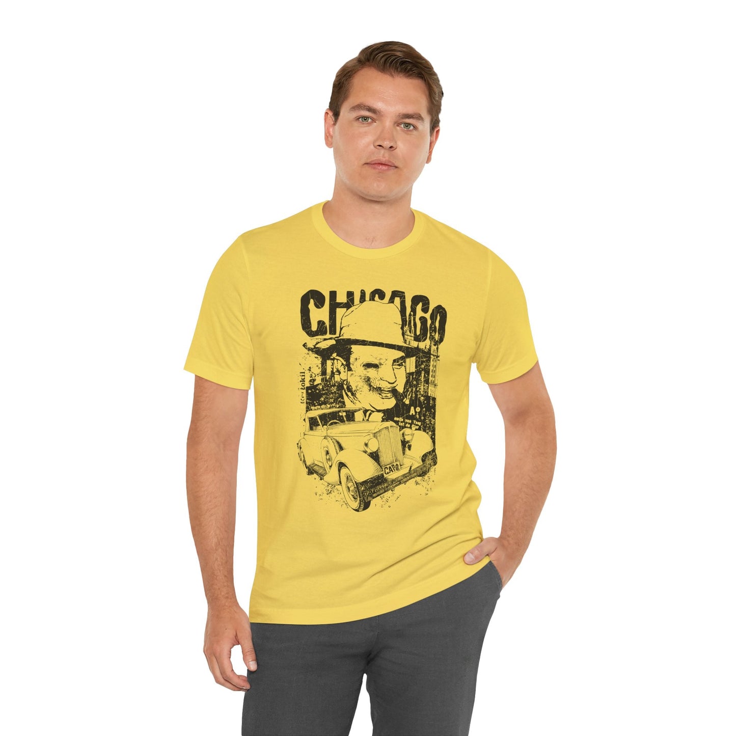Chicago Retro Mobster Illustration Tee Vintage Car Cityscape Art Design T-Shirt A-8