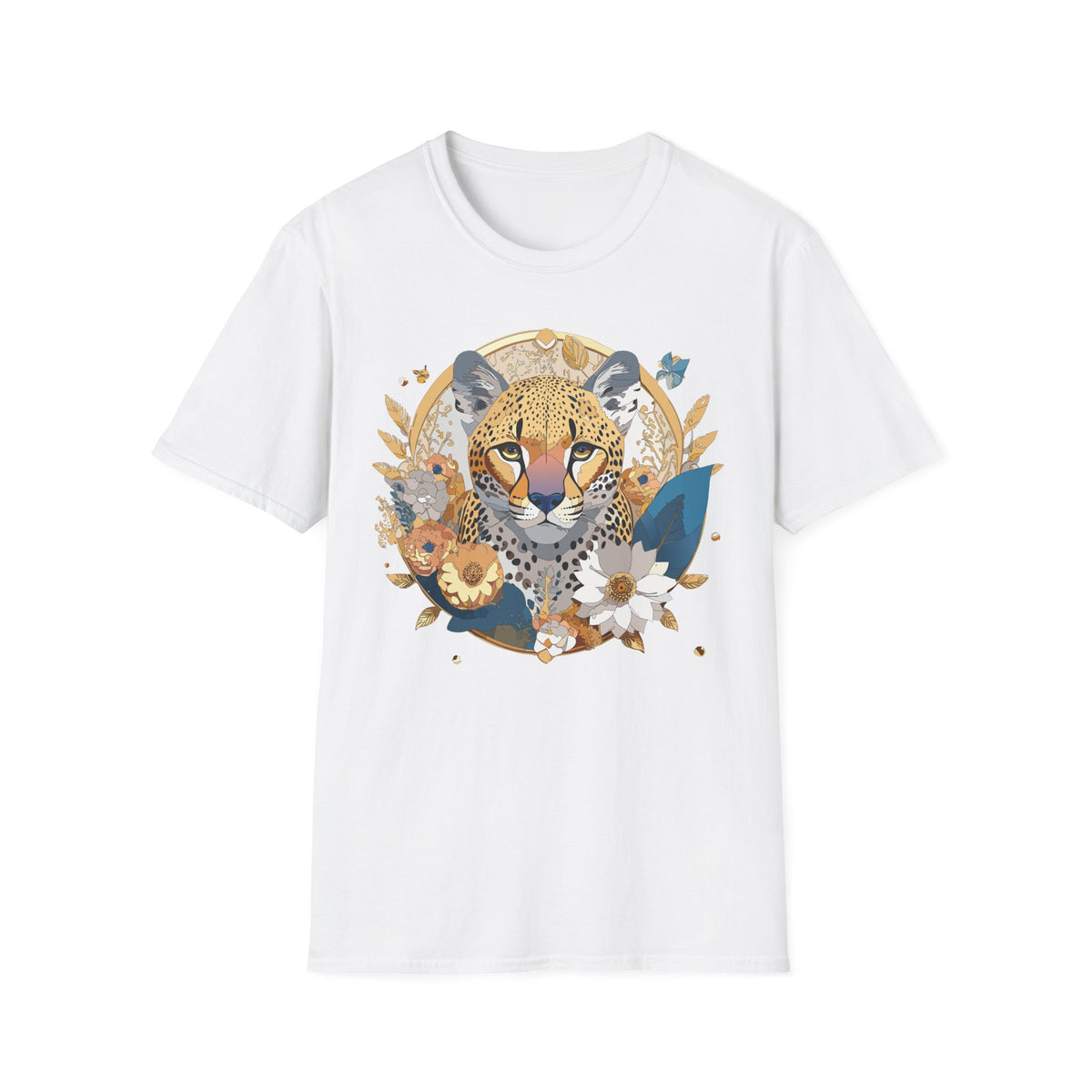 Floral Cheetah Portrait T-Shirt | Leopard Face Botanical Tee