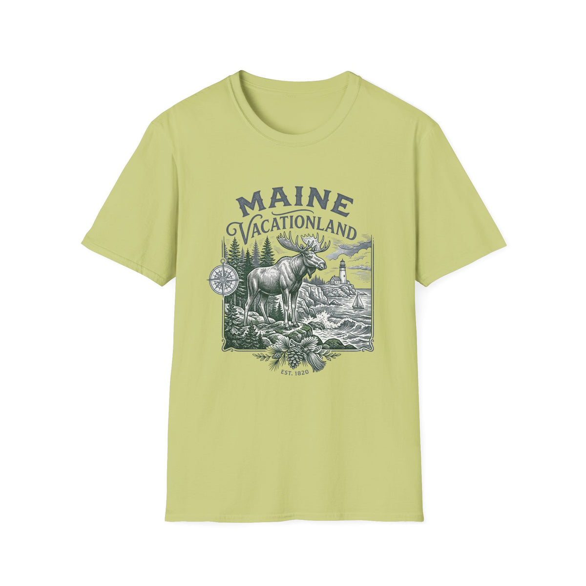 Maine Vacationland T-Shirt – Vintage Moose, Lighthouse State Travel Travel Tourist Graphic Design Unisex 100 Cotton Gildan T-Shirt