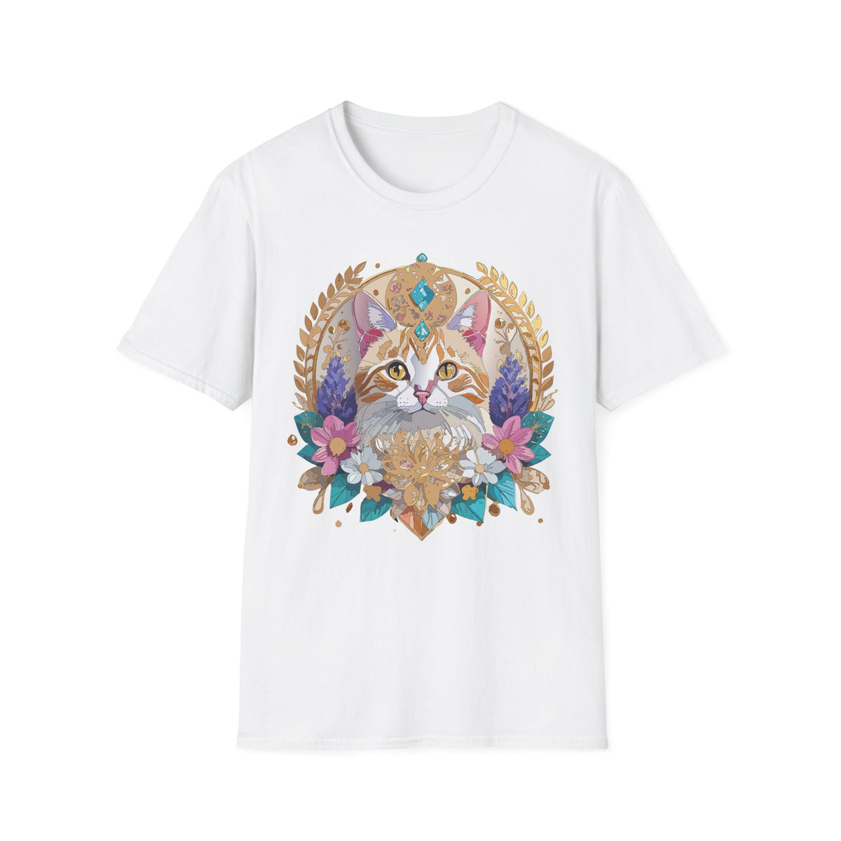 Regal Cat Mandala T-Shirt | Boho Kitty Illustration, Floral Crescent