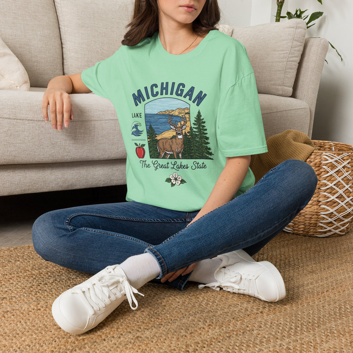 Michigan Graphic T-Shirt — The Great Lakes State Deer Lake Travel Tourist Graphic Design Unisex 100 Cotton Gildan T-Shirt