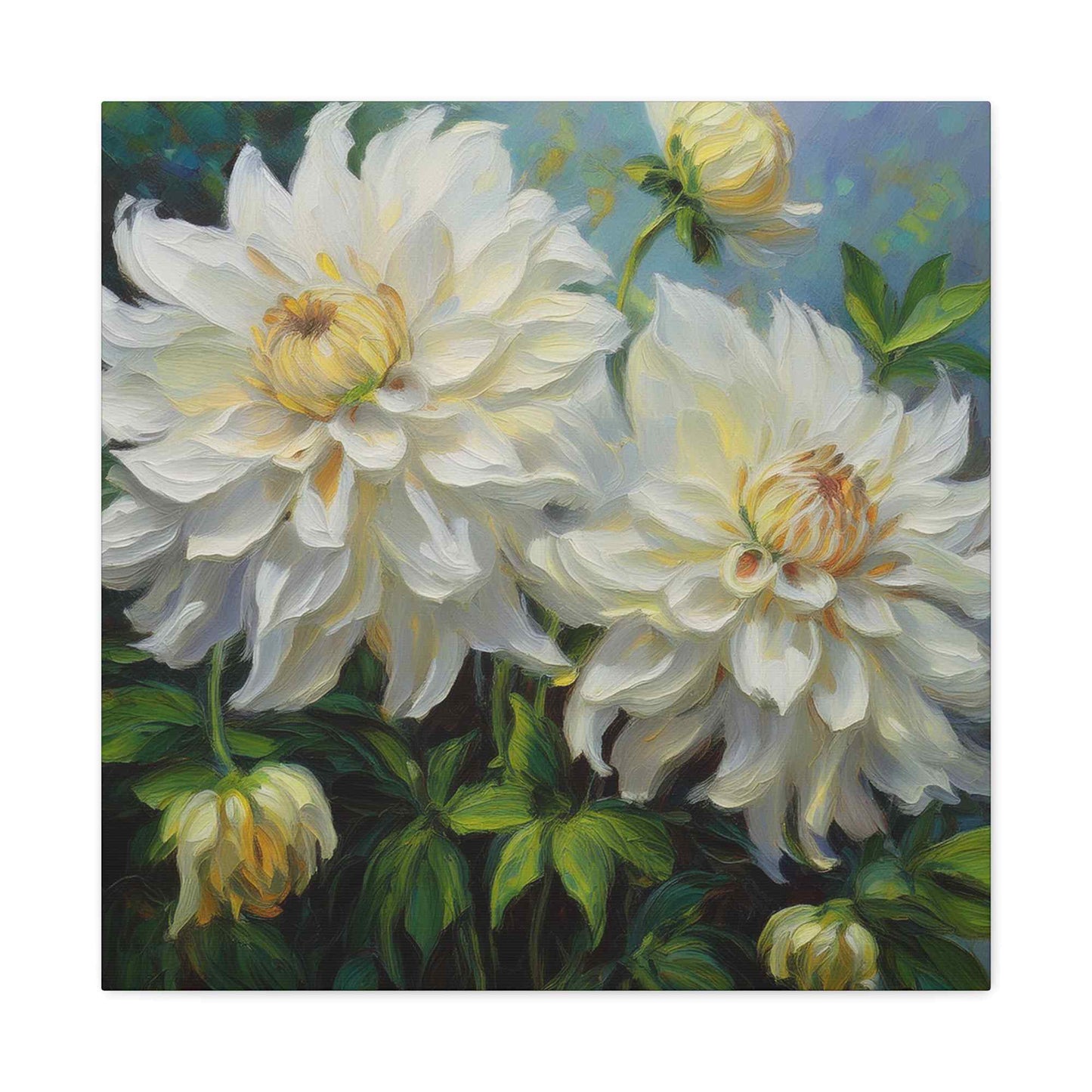 White Dahlias Print Canvas, Floral Oil Paint Print 20x20, 24x24, 30x30, 32x32, 36x36 Art Design Pine-Wood Inner Frame MC-170