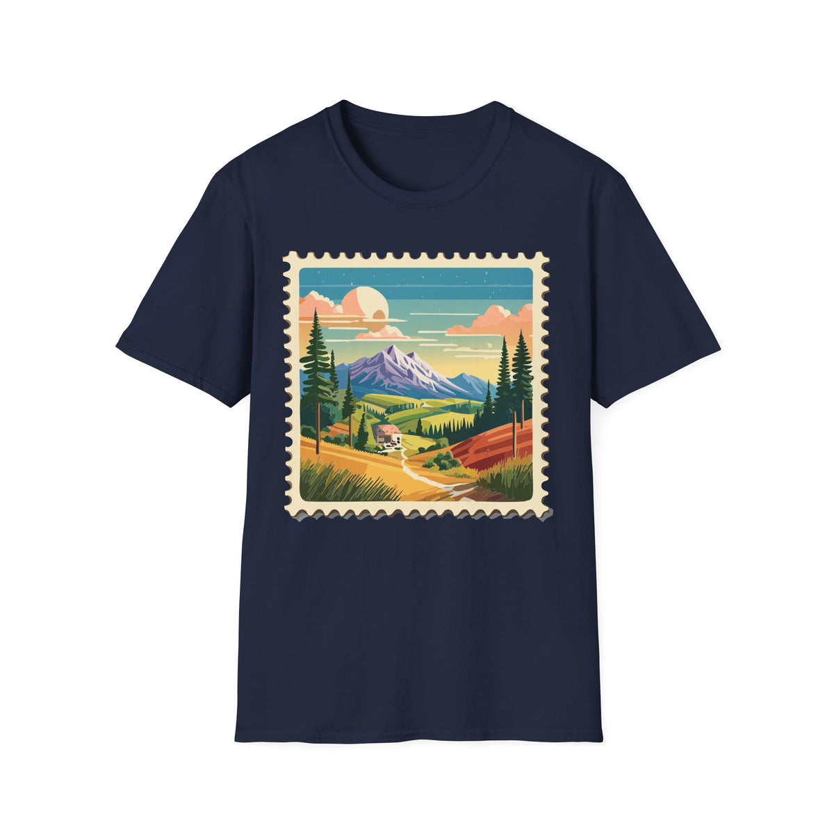 Mountain Landscape Stamp T-Shirt | Retro Sunset Scenic Tee