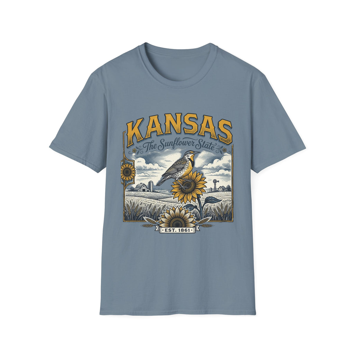 Kansas The Sunflower State T-Shirt | Vintage Meadow Bird Sunflower Design