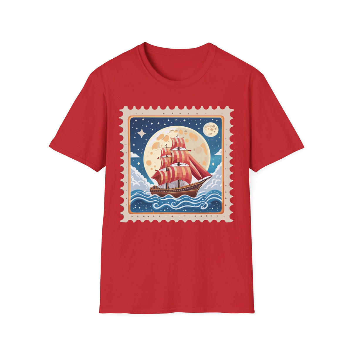 Red Sail Ship Moon Stamp T-Shirt | Nautical Vintage Illustration